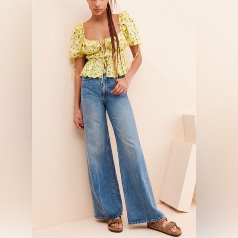 For Love & Lemons Chrysanthemum Floral Tie Front Short Sleeve Top Sz XS